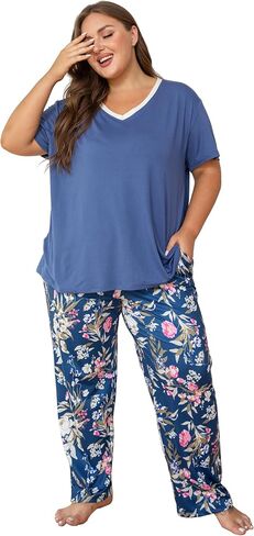 Vozanet Women's Pajama Sets Short Sleeve with Long Pant Soft Sleepwear Printed pj Loungewear With TWO Pockets Size 1X to 5X in Kuwait