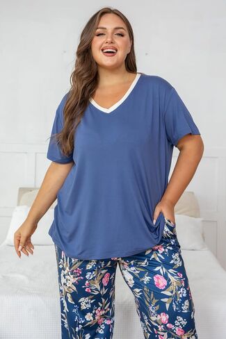 Vozanet Women's Pajama Sets Short Sleeve with Long Pant Soft Sleepwear Printed pj Loungewear With TWO Pockets Size 1X to 5X in Kuwait