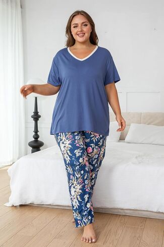 Vozanet Women's Pajama Sets Short Sleeve with Long Pant Soft Sleepwear Printed pj Loungewear With TWO Pockets Size 1X to 5X in Kuwait