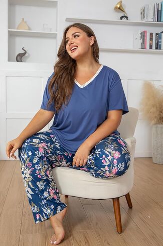 Vozanet Women's Pajama Sets Short Sleeve with Long Pant Soft Sleepwear Printed pj Loungewear With TWO Pockets Size 1X to 5X in Kuwait