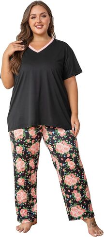 Vozanet Women's Pajama Sets Short Sleeve with Long Pant Soft Sleepwear Printed pj Loungewear With TWO Pockets Size 1X to 5X in Kuwait
