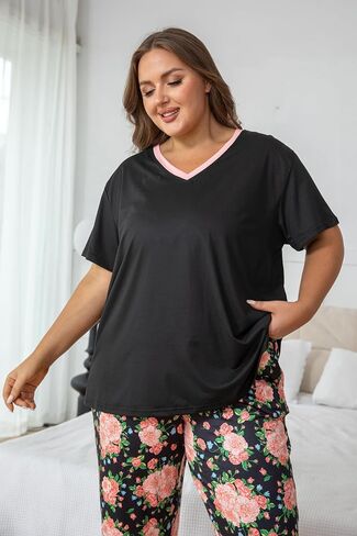 Vozanet Women's Pajama Sets Short Sleeve with Long Pant Soft Sleepwear Printed pj Loungewear With TWO Pockets Size 1X to 5X in Kuwait