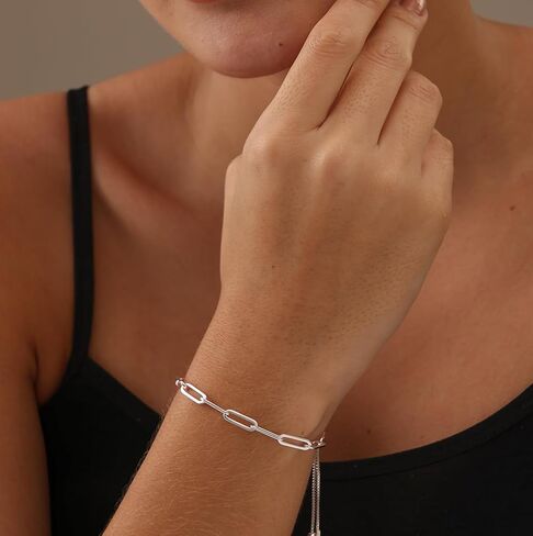 LeCalla Pure 925 Sterling Silver Italian Paperclip Link Chain Bracelets | Gold Over Silver Paper-Clip Link Station Bracelet | Sliding Bolo Bracelet for Women in Kuwait