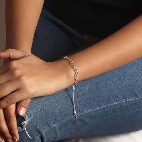 LeCalla Pure 925 Sterling Silver Italian Paperclip Link Chain Bracelets | Gold Over Silver Paper-Clip Link Station Bracelet | Sliding Bolo Bracelet for Women in Kuwait