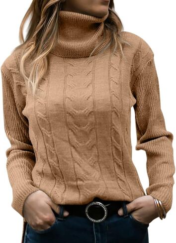 Cicy Bell Womens Fall Fashion 2023 Trends Turtleneck Sweaters Cable Knit Long Sleeve Warm Pullover Tops Beige in Saudi Arabia