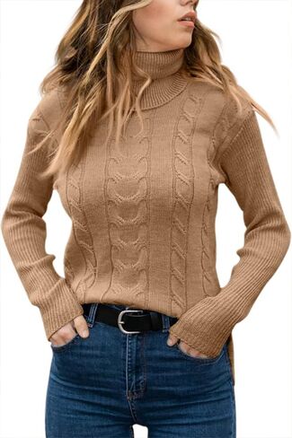 Cicy Bell Womens Fall Fashion 2023 Trends Turtleneck Sweaters Cable Knit Long Sleeve Warm Pullover Tops Beige in Saudi Arabia