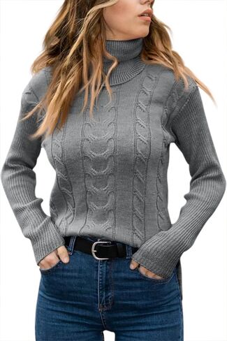 Cicy Bell Womens Fall Fashion 2023 Trends Turtleneck Sweaters Cable Knit Long Sleeve Warm Pullover Tops Beige in Saudi Arabia