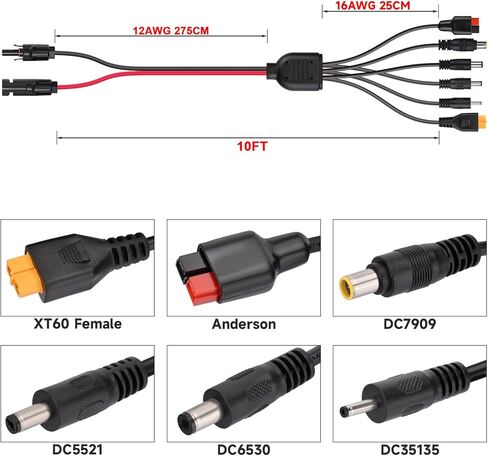 6-in-1 Solar Panel Connector Kit,12AWG Solar to XT60，Anderson，DC7909, DC6530, DC35135, DC5521 Connector Cable for Portable Station Solar Panel Generator(2FT) in Kuwait