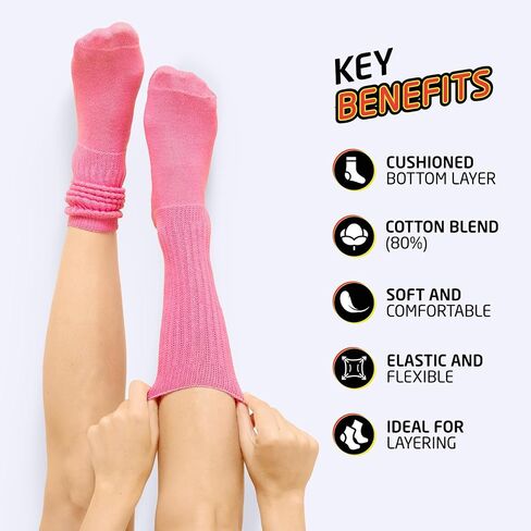 HOT FEET Girls Slouch Socks - 6 PK Tall Stacked Slouchy Socks, Warm Cotton Blend Long Calf Socks for Kids in Kuwait