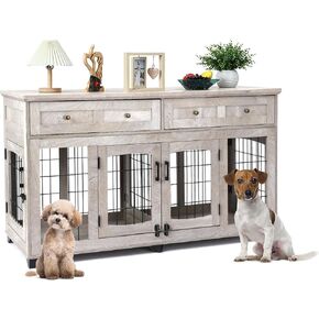 Dog Crate Furniture with 5 Doors, 58" Wooden Dog Kennel End Table with Large Capacity Drawers, Dog House with Openable Divider for Small/Medium/Large Dog,Dog Cage,Side End Table,Rustic Brown