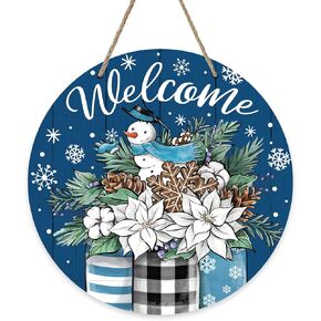 Deroro Welcome Winter Poinsettia Blue Front Door Sign, Snowman Pine Branch Mason Jar Wood Door Hanger Outdoor Outside Porch Decor, Snowflake Christmas Wooden Wreath Indoor Wall Hanging Decoration