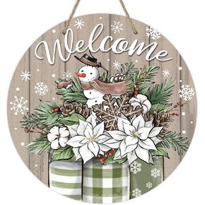 Deroro Welcome Winter Poinsettia Blue Front Door Sign, Snowman Pine Branch Mason Jar Wood Door Hanger Outdoor Outside Porch Decor, Snowflake Christmas Wooden Wreath Indoor Wall Hanging Decoration