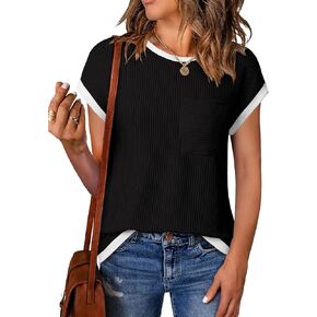 EVALESS Women's Short Sleeve T Shirts Crewneck Color Block Ribbed Knit Tee Blouses 2025 Trendy Summer Tops