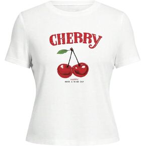 WDIRARA Women's Cherry Print T Shirt Letter Graphic Tee Shirt Crewneck Short Sleeve Top