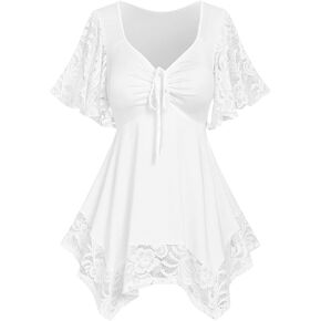 ROSE GAL Women's Plus Size Flower Lace T-Shirt Curve Flower Lace Insert Criss Cross Batwing Sleeve Handkerchief Top