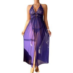 OYOANGLE Women's Maternity 2 Piece Babydoll Lingerie Set Lace Sheer Split Front Chemise and Thongs Sets