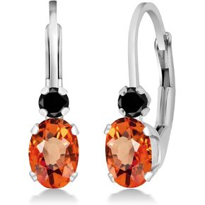 Gem Stone King 925 Sterling Silver Orange Sapphire and Black Diamond Leverback Earrings For Women (1.17 Cttw, Gemstone September Birthstone, Oval 6X4MM, Round 2MM, 3/4 Inch)