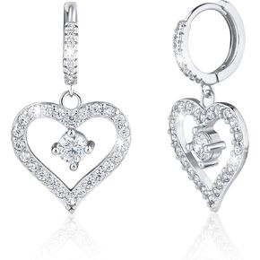 Sash & Soph Sterling Silver Heart Earrings for Women, Sparkling Cubic Zirconia Silver Heart Hoop Earrings with Center Gemstone 925 Sterling Silver Earrings, CZ Diamond Heart Dangle Earrings