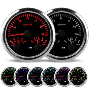 WATERWICH 85mm 7-Color 3-in-1 Tachometer 6000 RPM + Fuel Gauge + Voltmeter (Black Plate Silver Cover)