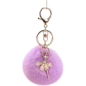 Purple Lovely Rhinestone Inlaid Dancing Ballet Girl Pom Pom Keychains Fluffy Plush Ball Pendants Key Chain Charming Women, Dance Keychain, Fluffy Ball Keychain, Women's Keyrings and Keychains