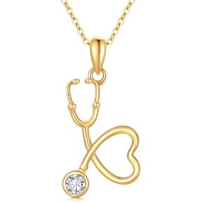 14K Yellow Gold Stethoscope Necklace for Nurse, Dainty Real Gold Medicine Pendant Polishing Heart Shaped Jewelry Gift for Doctor Nurse Medical Student Nurses Day