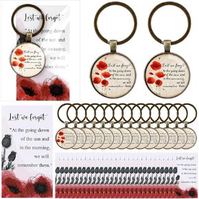 Fumete 36 Set Veterans Day Gifts Bulk Poppy Flower Memorial Keychain Sympathy Gifts Red Poppies Keyring with Lest We Forget Card for Remembrance Day Favors Memorial Day Military Soldier Gift Funeral