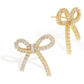 Dainty Rhinestone Bow Stud Earrings for Women, Statement Fashion CZ Crystal Ribbon Knot Post Earring Holiday Prom Christmas Jewelry Gift.