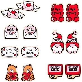 Pink Love Heart Stud Earrings Set for Women Statement Wood Cute Bear Envelopes Red Earrings Valentine's Day Wedding Birthday Jewelry Mother's Day Gift Lightweight Holiday Earring