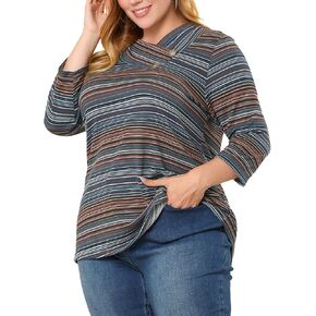 Agnes Orinda Women's Plus Size Tee Shirt Stripe Boho 3/4 Sleeve Tunic Top V Neck Knit Blouse