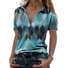 Women's Color Block Casual Tunics Collar Short/Long Sleeve V Neck Blouses Shirts Tops