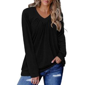 ONLYSHE Women's Blouses with Long Sleeves V Neck Loose Fit Casual Pullover Tunic Tops