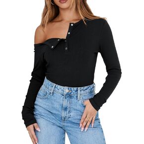 DOROSE Women's Long Sleeve Shirts Casual Henley Top Off Shoulder Shirts 2024