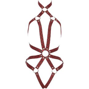 Daisy corsets womens Red Plaid Stretchy Body Harness Bodysuit W/Silver Hardware