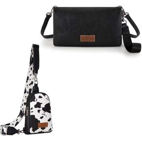 Wrangler Cow Print Sling Bag Cross Body Purse & Women Wristlet Wallet Small RFID Bifold Crossbody Wallets