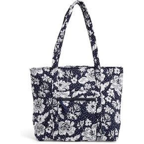 Vera Bradley Cotton Collegiate Vera Tote Bag (Multiple Teams Available), Navy/White Rain Garden