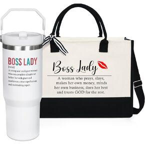 OASSIE Boss Lady Gift Set - 13 oz Tote Bag with Zipper & 30 oz Insulated Tumbler with Flip Straw and Handle, Boss Lady Gifts, Christmas, Birthday Gifts for Boss, Women, Employee Appreciation Gifts