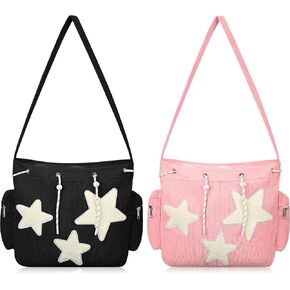 2 Pack Y2k Tote Bag Aesthetic Messenger Bag Cute Star Crossbody Bag Shoulder Purse Kawaii Tote Bag, Pink and Black