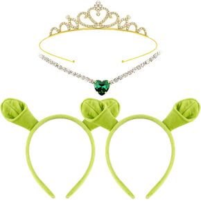 Yezmo 4PCS Green Ogre Ears Headband Set, Ogress Costume Accessories with Monster Headbands Crown and Necklace for Dress up