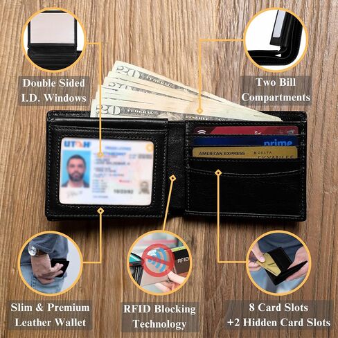 Full Grain Leather Wallet for Men - Mens Slim Wallet RFID Blocking with ID Window, 10 Cards Slots & Hidden Pockets - Thin Minimalist Mens Bifold Wallet - Mens Slim Wallet with Gift Box - Black in Saudi Arabia