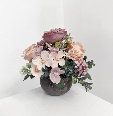 Artificial Flowers Mini Potted Plants, Antique Rose Rose Peony Hydrangea Greenery + Paper Pulp Round Vase, Small Fake Plant Potted Decor for Offices, Bookshelf, Bedroom, Living Room, Party, Wedding in Saudi Arabia