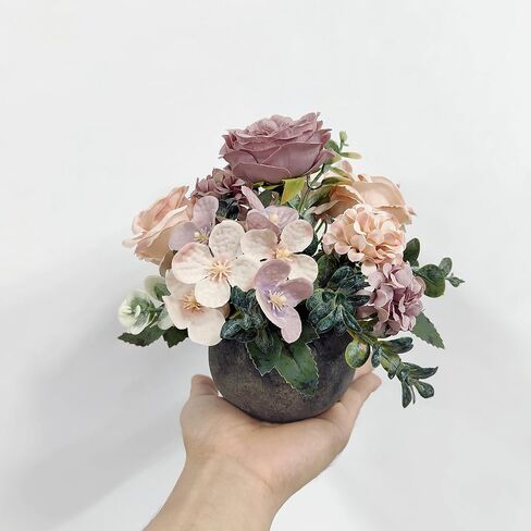 Artificial Flowers Mini Potted Plants, Antique Rose Rose Peony Hydrangea Greenery + Paper Pulp Round Vase, Small Fake Plant Potted Decor for Offices, Bookshelf, Bedroom, Living Room, Party, Wedding in Saudi Arabia
