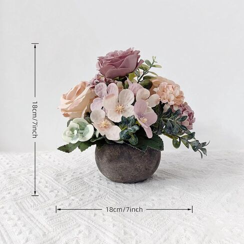 Artificial Flowers Mini Potted Plants, Antique Rose Rose Peony Hydrangea Greenery + Paper Pulp Round Vase, Small Fake Plant Potted Decor for Offices, Bookshelf, Bedroom, Living Room, Party, Wedding in Saudi Arabia