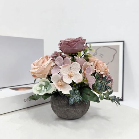 Artificial Flowers Mini Potted Plants, Antique Rose Rose Peony Hydrangea Greenery + Paper Pulp Round Vase, Small Fake Plant Potted Decor for Offices, Bookshelf, Bedroom, Living Room, Party, Wedding in Saudi Arabia