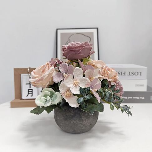 Artificial Flowers Mini Potted Plants, Antique Rose Rose Peony Hydrangea Greenery + Paper Pulp Round Vase, Small Fake Plant Potted Decor for Offices, Bookshelf, Bedroom, Living Room, Party, Wedding in Saudi Arabia