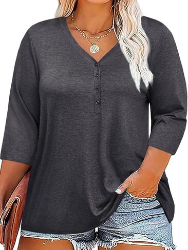 ZDC Women's Plus Size Tops 3/4 Sleeve V Neck T Shirts Button Down Basic Tunic in Saudi Arabia