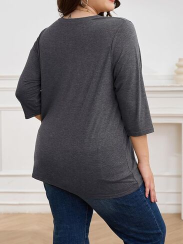 ZDC Women's Plus Size Tops 3/4 Sleeve V Neck T Shirts Button Down Basic Tunic in Saudi Arabia