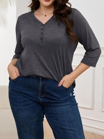 ZDC Women's Plus Size Tops 3/4 Sleeve V Neck T Shirts Button Down Basic Tunic in Saudi Arabia