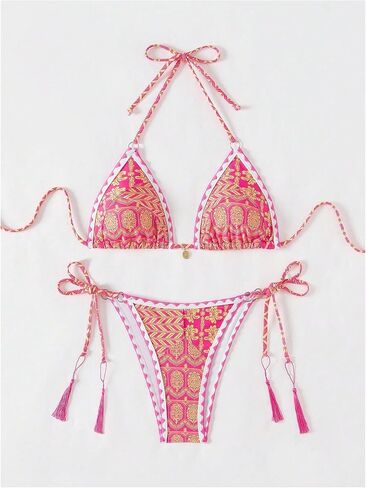WDIRARA Women's 2 Piece Vintage Printed Two Piece Swimsuits Sexy Halter Triangle Swimsuit Cheeky Bikini Set in Saudi Arabia