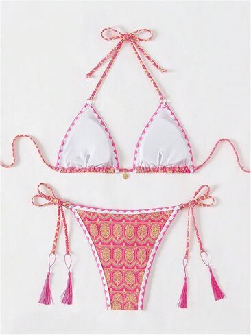 WDIRARA Women's 2 Piece Vintage Printed Two Piece Swimsuits Sexy Halter Triangle Swimsuit Cheeky Bikini Set in Saudi Arabia
