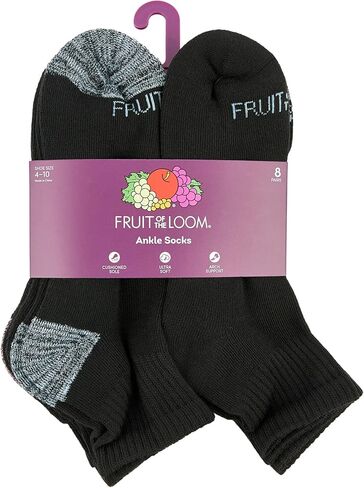 جوارب Fruit of the Loom للكاحل للنساء - 8 أزواج، دعم للقوس، مبطنة ناعمة، جوارب رياضية ربع سنوية قابلة للتنفس مقاس 4-10 in Kuwait